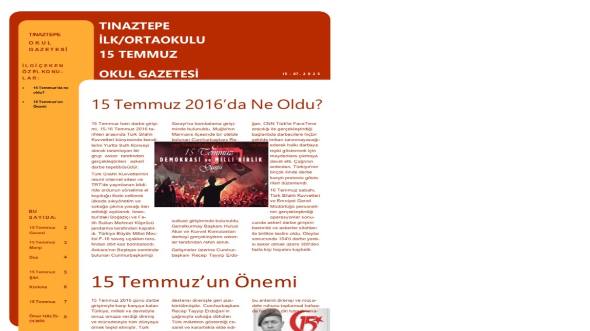 15 TEMMUZ ÖZEL SAYILI OKUL GAZETEMİZ